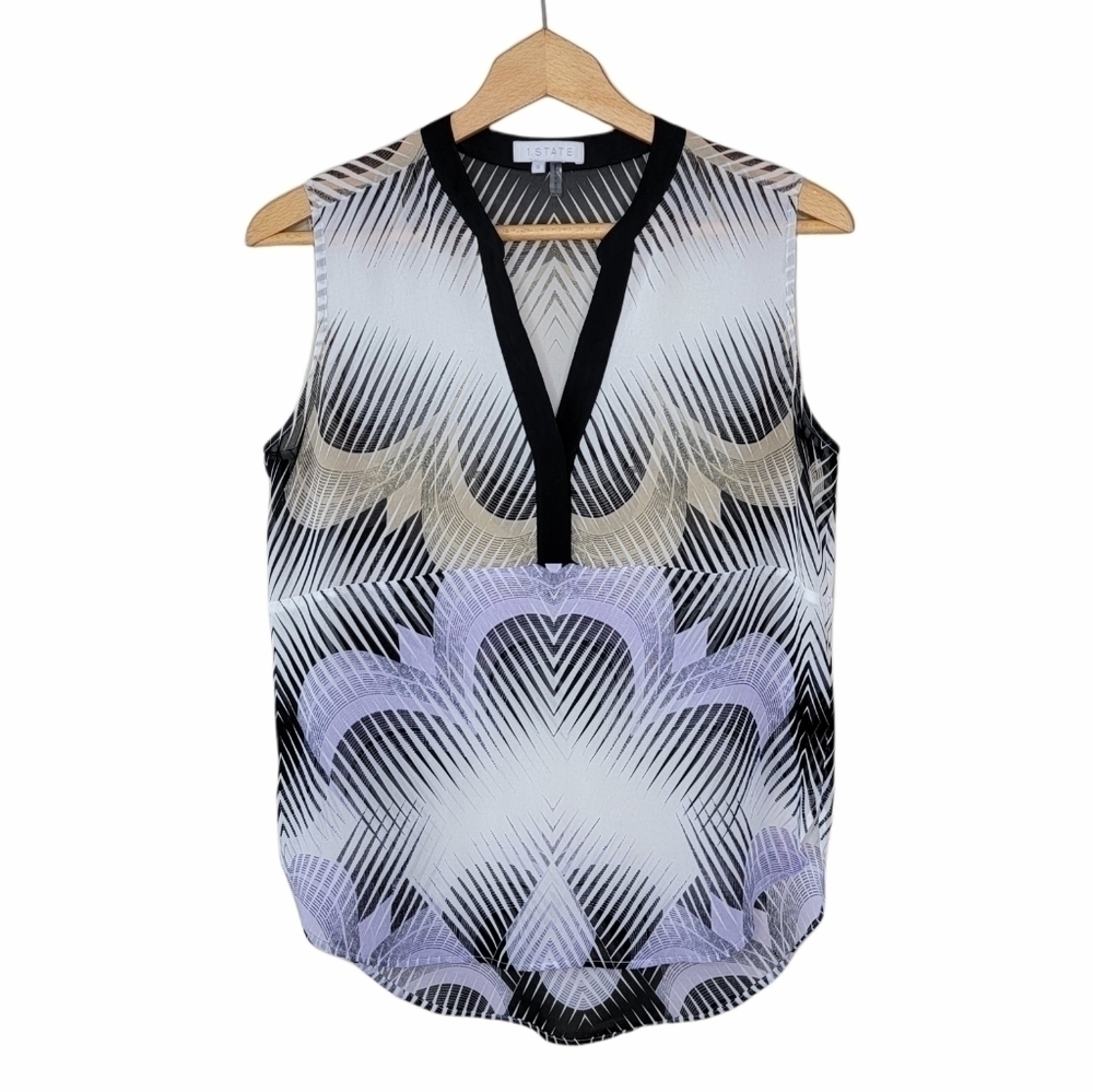 1.State Semi-sheer Print V-Neck Tank Blouse Size Small Lavender Tan Black White